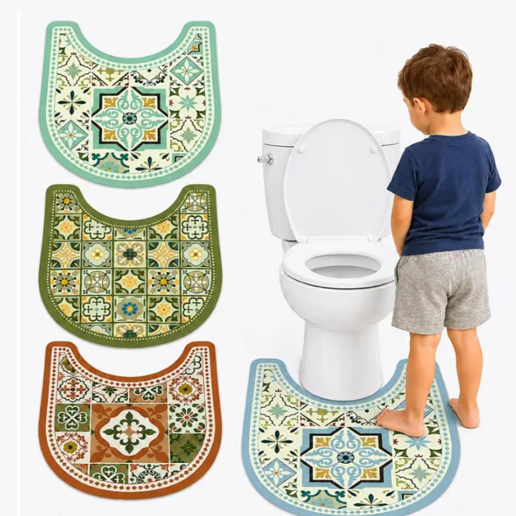 American retro floral diatomite floor mat for bathroom, U-shaped toilet mat, water-absorbent, quick-drying, easy-care, non-slip mat