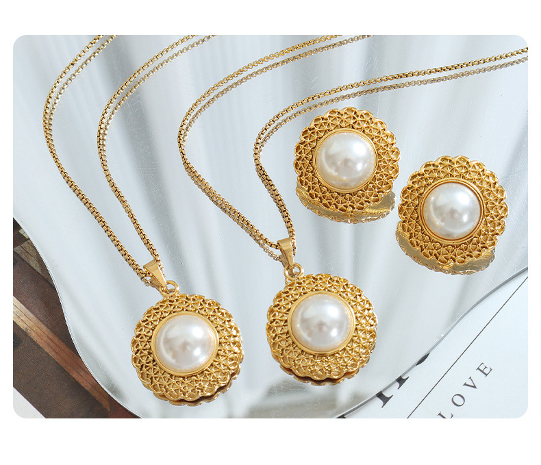 Retro Geometric Titanium Steel Inlay Artificial Pearls Earrings Necklace