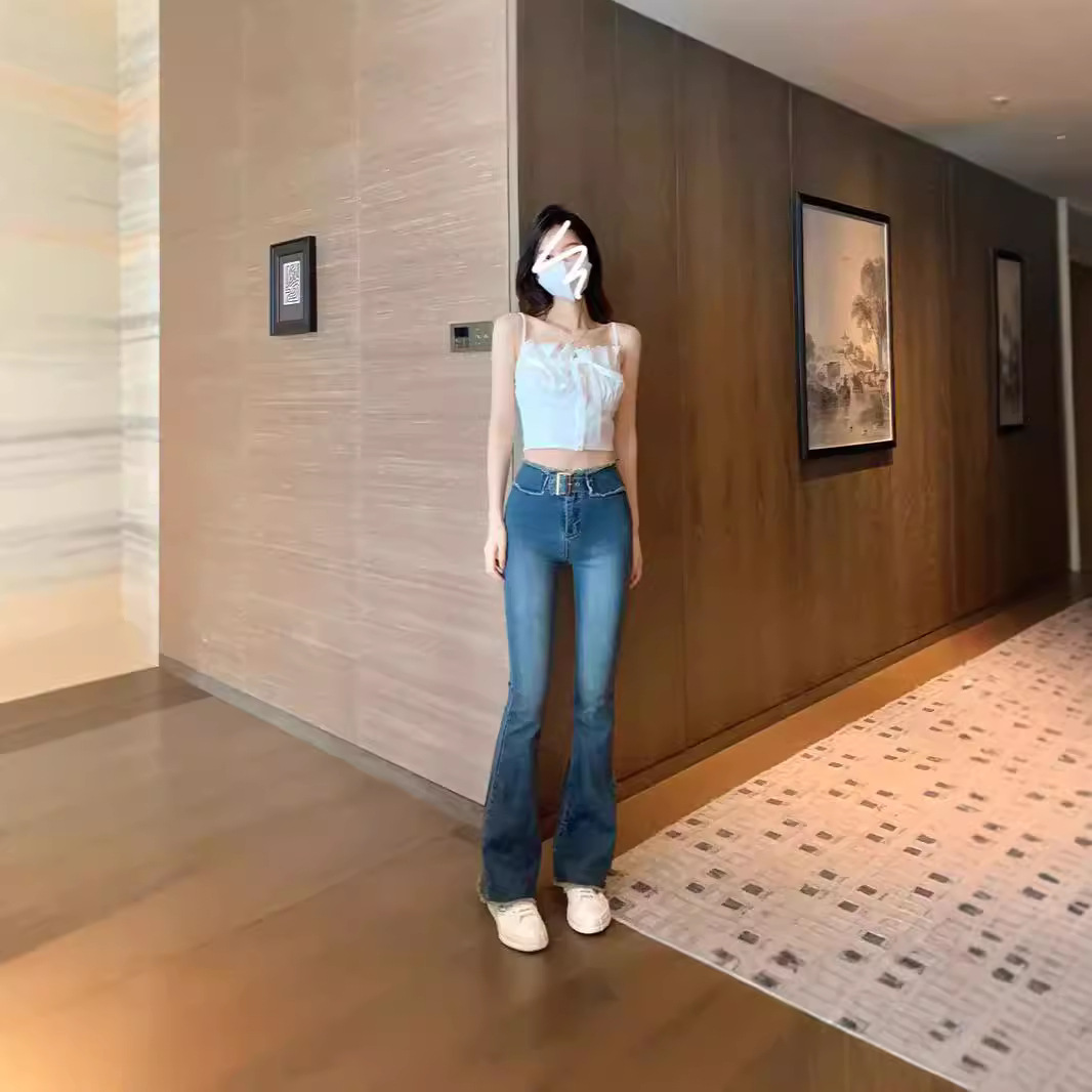 빈티지 모직 청바지 여성의 봄과 가을 새로운 스타일 세련된 허리 버튼 슬림 슬리밍 스트레치 말굽 바지