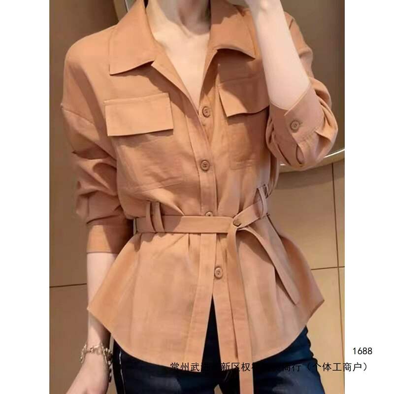 Simple Commuting Style Tie-Waist Long-Sleeve Shirt for Women, 2026 Spring New Model, Turn-Down Collar, Loose Fit, Slimming Top