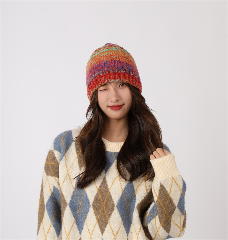 Dopamina Arcobaleno Colore Fatto a Mano per Bambini 2023 Nuovo Autunno/Inverno Lavorato a Maglia Baotou Caldo Freddo Cappello Set_voghion.com