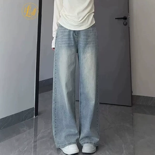 浅蓝色直筒牛仔裤女小个子宽松显瘦高腰垂感百搭阔腿拖地长裤