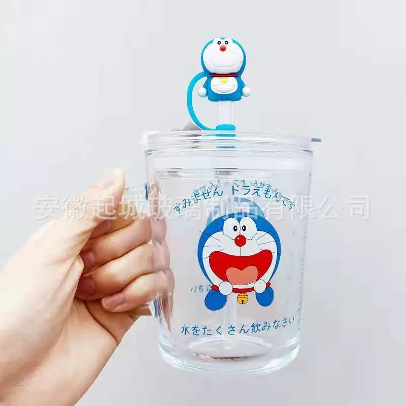Children's Cartoon Glass Mug, 401–500 ml, Glass Straw & Dustproof Lid, Handle