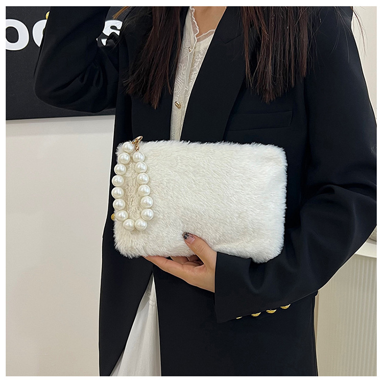 135g Weight Synthetic Leather Lining Material Pearls, Sewing Thread Fashion Element Zipper Closure Type Top Handle Strap Type Handbag Bags Type Casual, Shopping Occasion Plush Material Solid Color Pattern Winter Season Women's Gender Elegant Style Square Shape Women's Plush Solid Color Elegant Pearls Sewing Thread Square Zipper Handbag 4