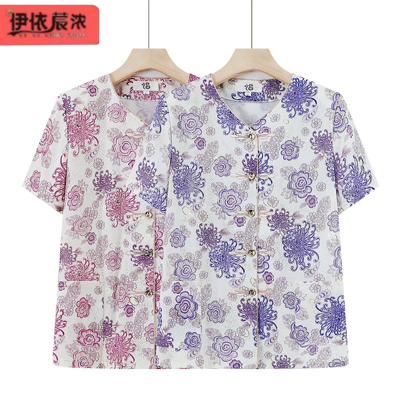 Летняя бабушка наряд элегантная рубашка с короткими рукавами футболка 2024 новые старые женщины прохладный и дышащий кардиган