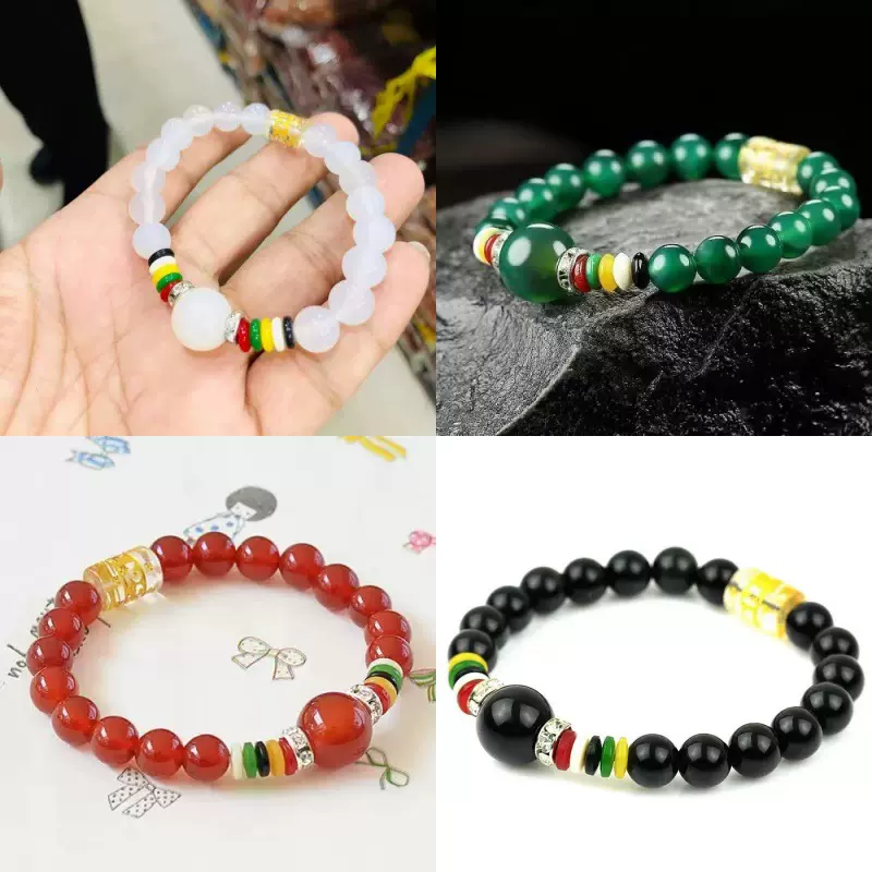 玛瑙玉髓六字真言圆珠手链女款单圈8mm珠子五行六字手串直播货源