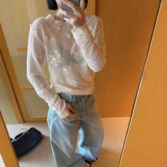 现H 韩国同款25秋季新款立体刺绣小花高级感打底衫长袖T恤女上衣
