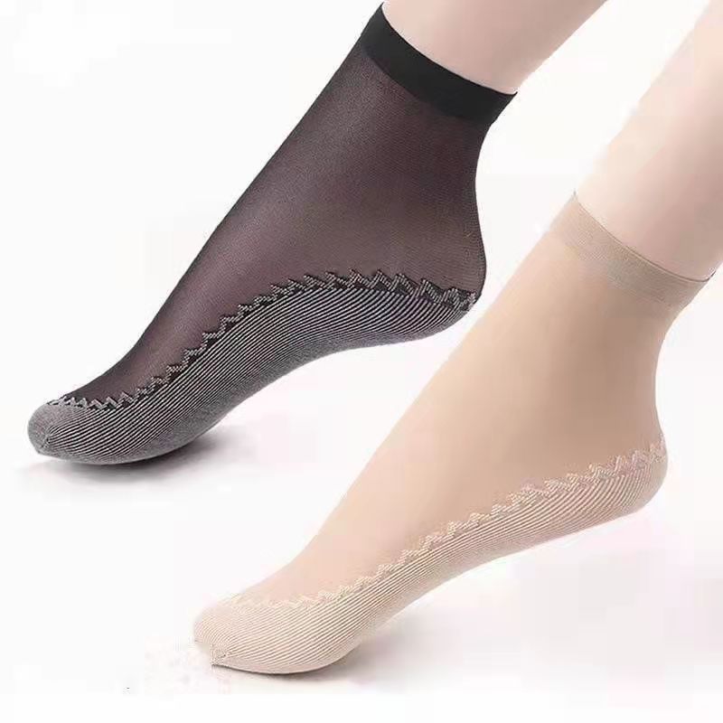 Women's Thin Spring and Autumn Cotton-Soled Non-Slip Crystal Silk Short Socks, Wear-Resistant Autumn Black and Nude Cotton-Soled Mid-Tube Socks