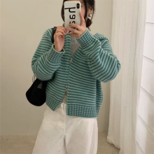 韩系撞色条纹双拉链连帽针织开衫女秋冬季新款宽松慵懒风毛衣外套