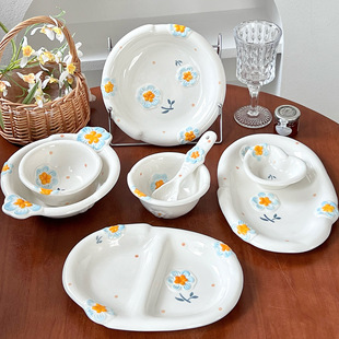 Spring Floral Tableware Small Fresh Dish Plate Tableware Embossed Household Set High-Value Bowl and Plate Set Bowls