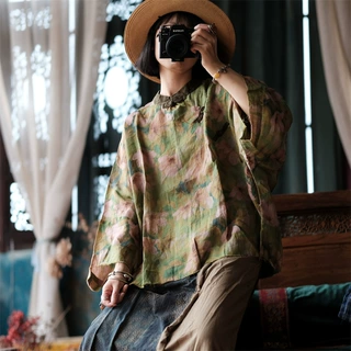 落古泥复古苎麻宽松百搭衬衫女中式改良小衫2080碧苔