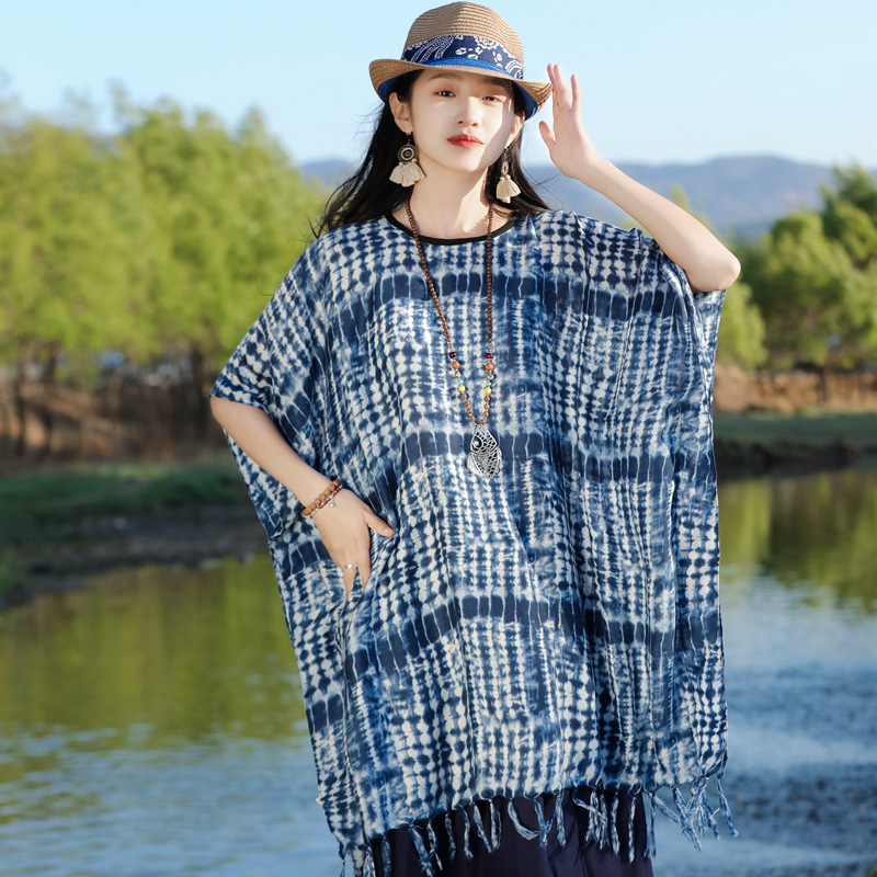 2023 primavera y otoño nuevo retro Yunnan viaje protección solar mantón decorativo algodón y lino sensación bufanda teñida capa exterior