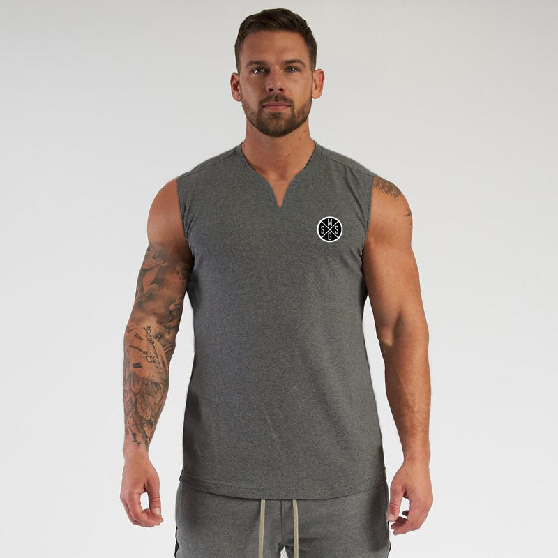 Moda europea y americana pequeño cuello en V chaleco deportivo hombres verano culturismo fitness camiseta sin mangas correr entrenamiento apretado superior algodón image 8