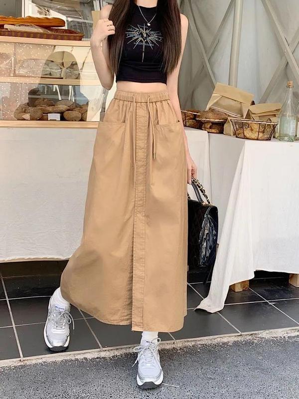 2024新型デザイン感a字スカート女性夏高腰ゆるい工装オープンフォーク中ロングスカート腰山本スカート|undefined