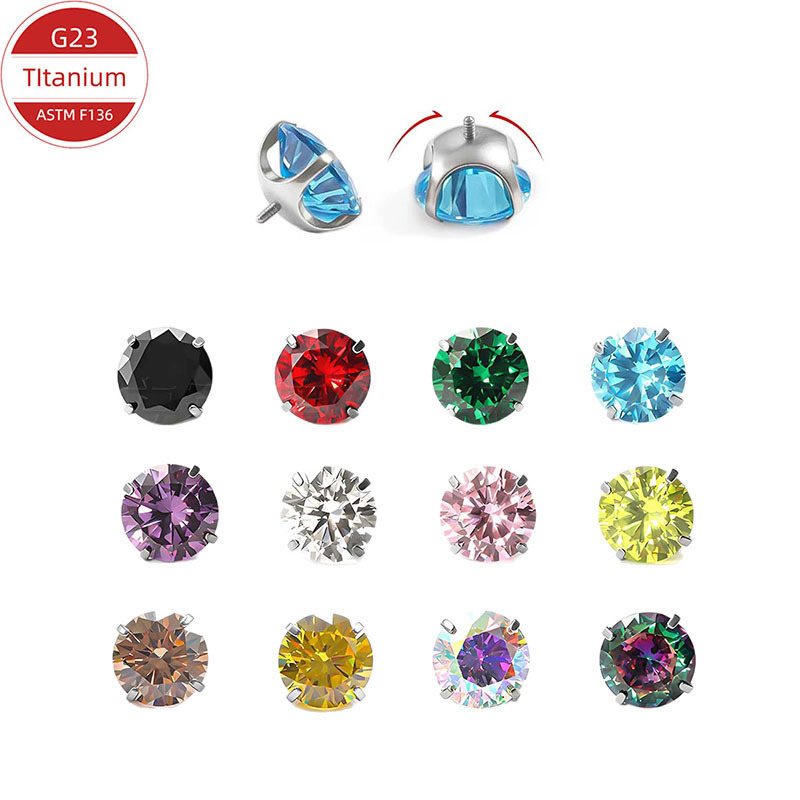F136 Titanium Alloy Earrings Four-Claw Round Bottom Inlaid with 5A Zircon Ear Bone Nails Internal Thread Bowl Bottom Lip Nail Tongue Nail Replacement Head