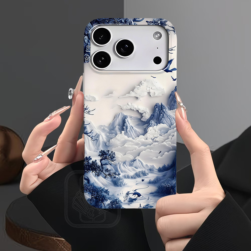 Oriental Aesthetic Blue and White Porcelain Landscape Scenery Phone Case Iphone17Promax Phone Case Apple 13 Protective Cover