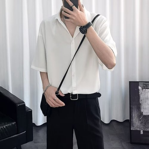 Ice Silk Short Sleeve Summer Japanese Style 2025 New Arrival Solid Color Simple Men's Loose Casual Five-Button Shirt Top Trendy