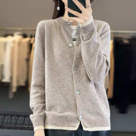 春秋新款圆领拼色针织开衫外套女士洋气休闲宽松外搭针织减龄毛衣