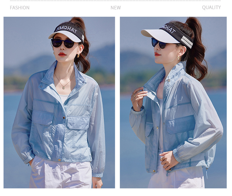 Áo chống nắng nữ cổ đứng túi hộp dáng rộng tay ngắn mỏng nhẹ — màu xanh nhạt, màu đỏ chi tiết 12