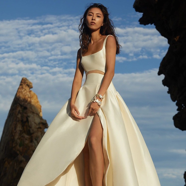 Verano de comercio exterior europeo y americano vestido transfronterizo color sólido moda elegante simple correa boda noche vestido banquete al por mayor
