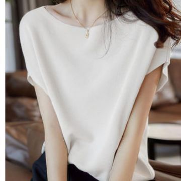 Ice Silk Collar T-shirt Women's Summer European New Style Western Style Bat Sleeve Loose Slimming Simple Thin Knit Sweater