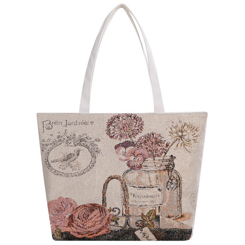 Shoulder bag for women, canvas bag for women, large capacity with zipper, fashionable new woven gold thread cartoon, for students, book style