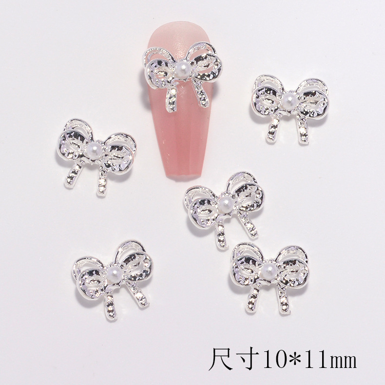 跨境美甲蝴蝶结合金美甲蝴蝶珍珠简约镶钻穿戴甲合金立体指甲装饰|undefined