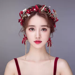 新娘头饰2020新款结婚红色婚纱发饰中式超仙敬酒服森系礼服配饰品