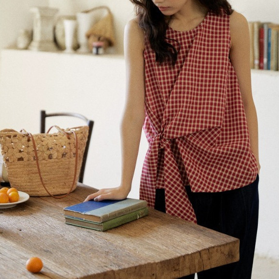 Mixab Retro Red Plaid Sleeveless Shirt for Women, Summer Design with Tie-Up Twist Waist Vest Top Mixab Retro Red Plaid Sleeveless Shirt for Women, Summer Design with Tie-Up Twist Waist Vest Top