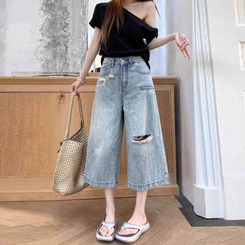 Summer Thin Blue Ripped Jeans for Women, Plus Size, Pear-Shaped Body, High-Waisted, Straight-Leg, Workwear-Style, Wide-Leg, Cropped Pants