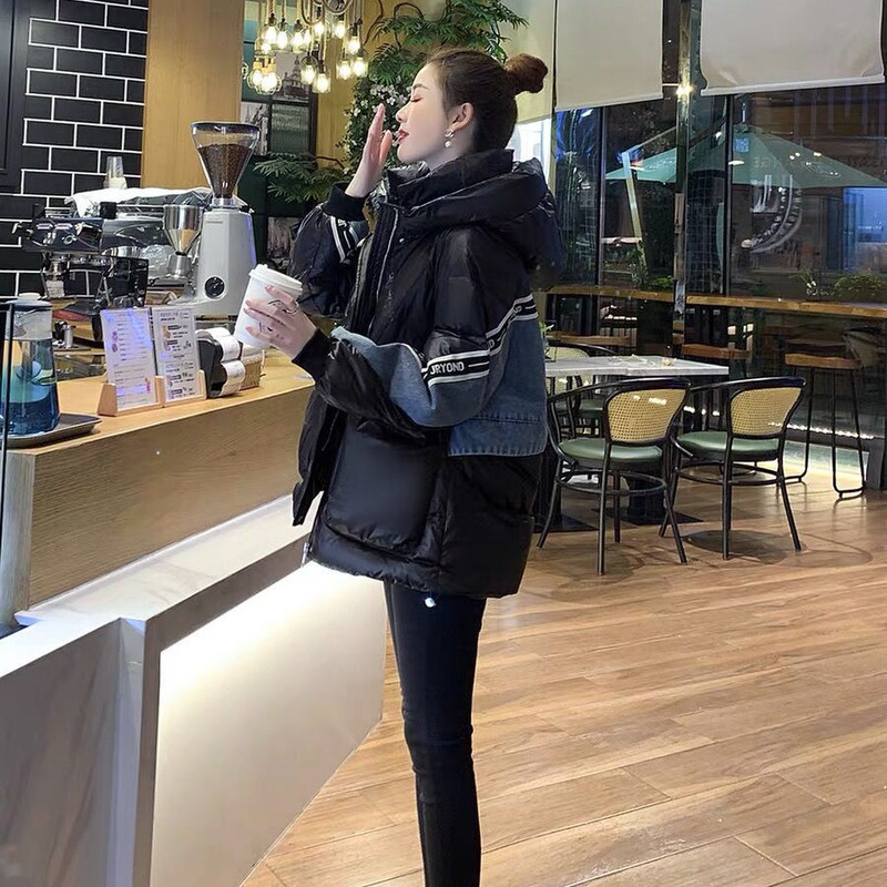 Cross-Border down Cotton Jacket for Women, Winter 2025 New Korean Style, Loose Fit, Slimming, Denim Patchwork, Thickened Short Coat
