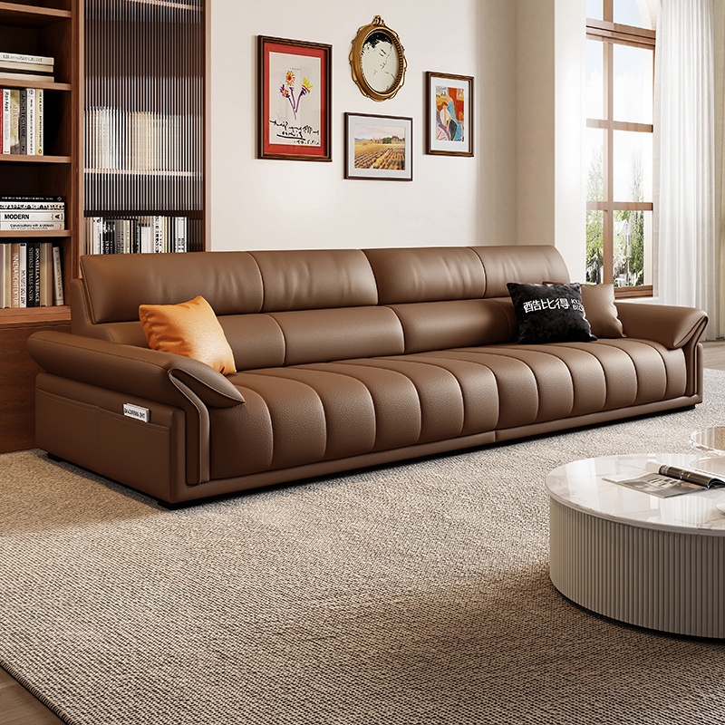 Sofá de cuero italiano minimalista lujoso ligero de alto nivel de sensación de sala de estar simple y moderno hogar ligero de lujo pequeño estilo de cuero recto