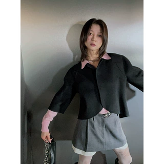 设计师女装 针织羊毛双面尼圆肩简约前短后长小外套