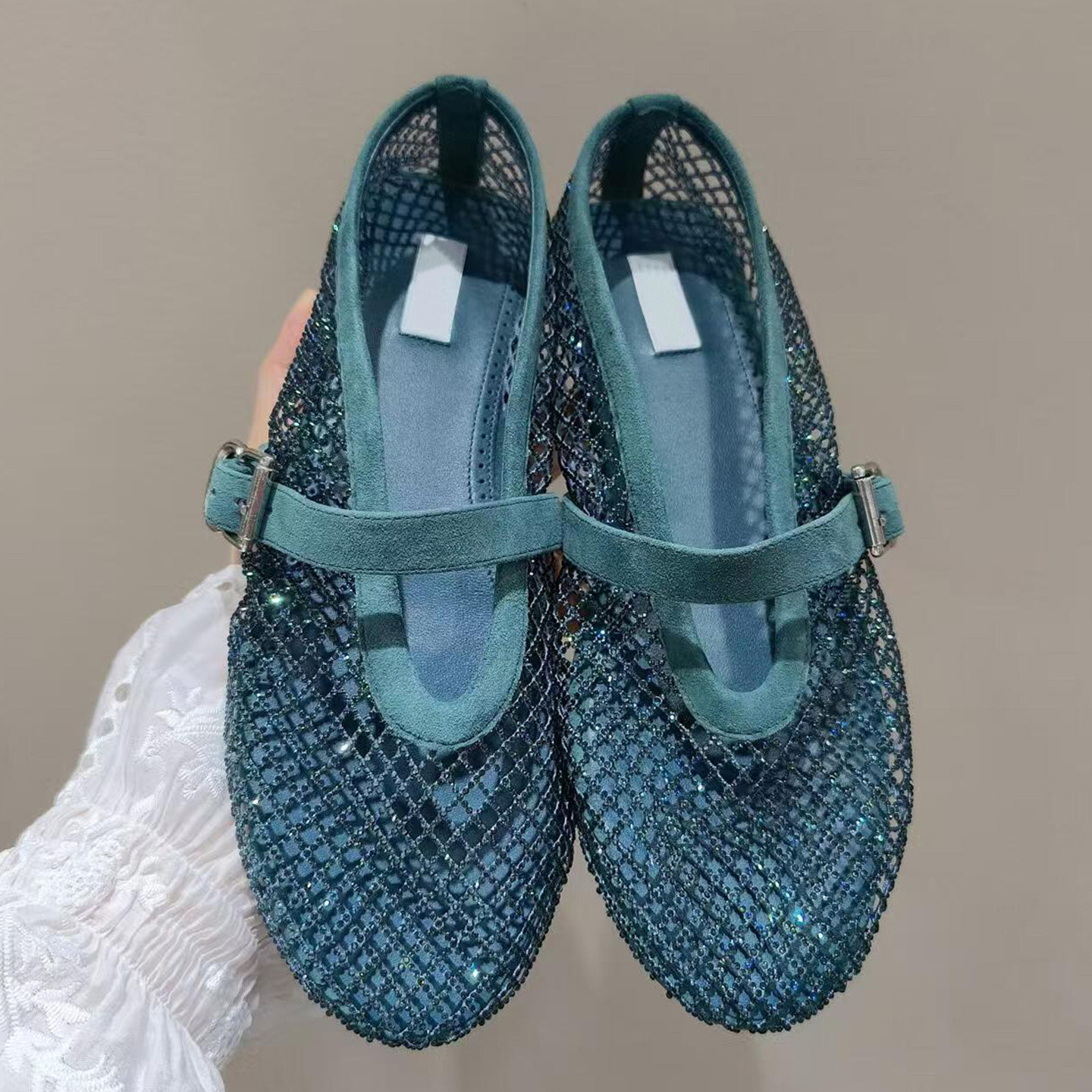 [In Stock] Ballet Blue Full-Diamond Fishnet Shoes Breathable Hollow Flat Single Shoes for Women 2026 Stunning Mary Jane Shoes
