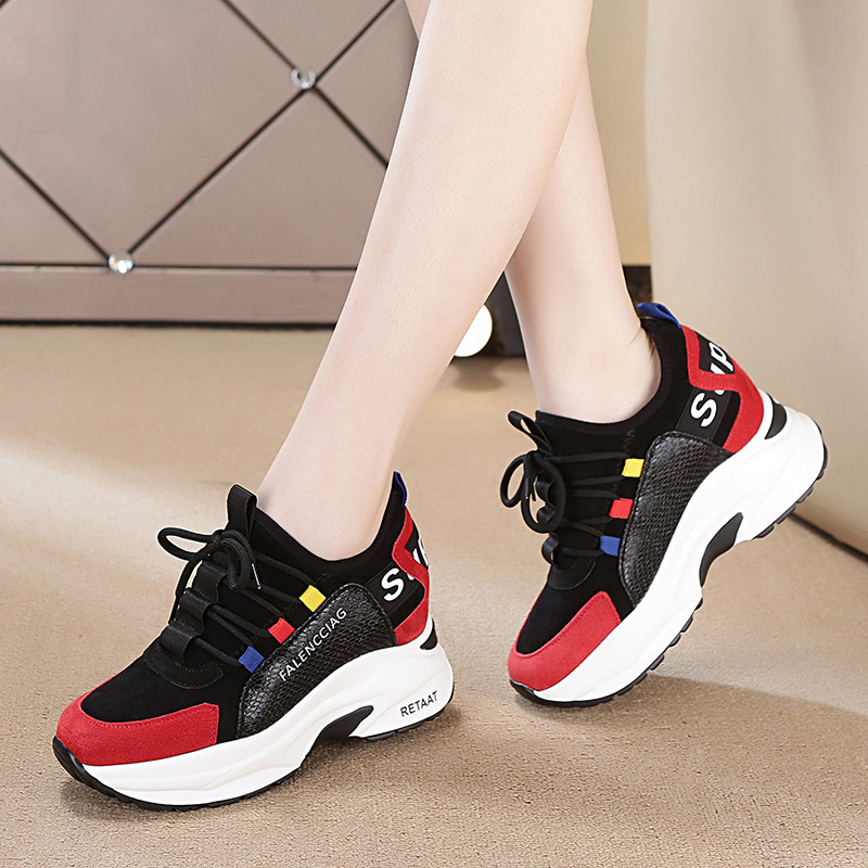 2025 Autumn/Winter New Genuine Leather 8cm Height-Increasing Casual Women's Shoes Thick-Soled Versatile Breathable Internet Celebrity Style Dad Shoes