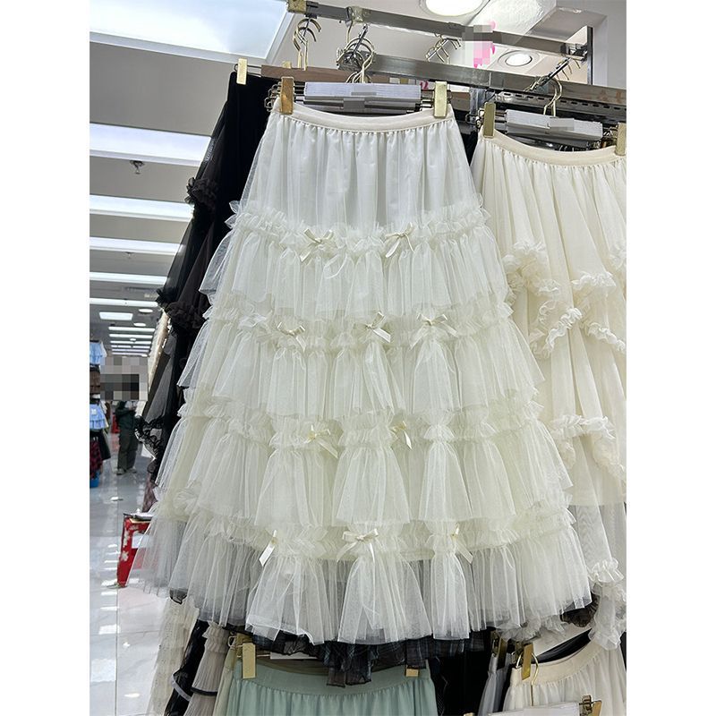 Sweet Girly Style Bow-Knot Mesh Puffy Skirt for Women Spring 2026 High-Waisted A-Line Layered Cake Long Skirt