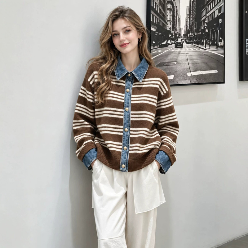 Cross-border Amazon denim patchwork faux two-piece sweater coat, new autumn/winter design with a stylish collar and knitted top Cross-border Amazon denim patchwork faux two-piece sweater coat, new autumn/winter design with a stylish collar and knitted top