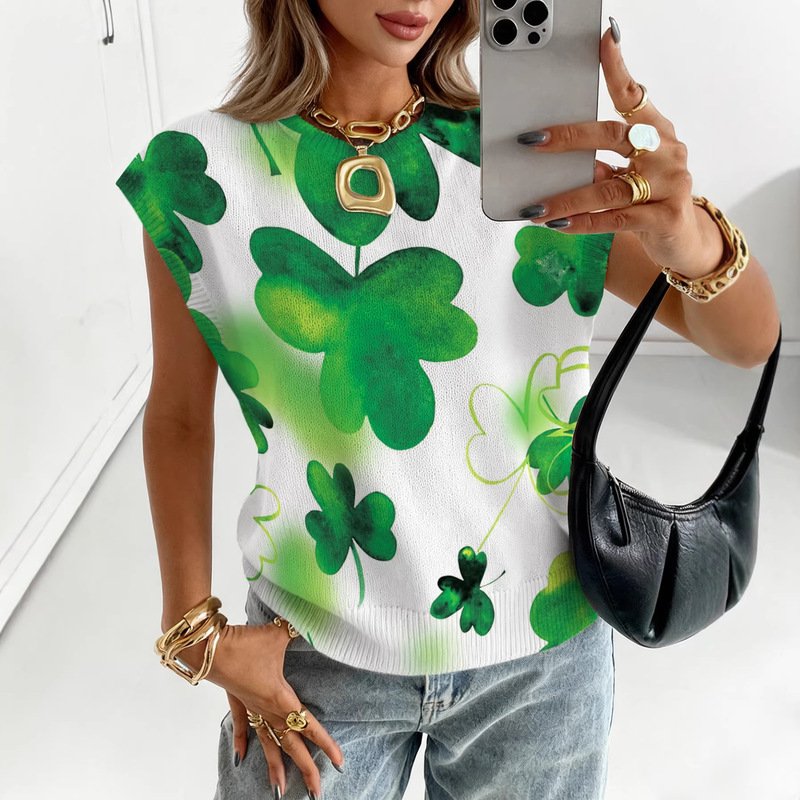2026 St. Patrick's Day Clover Print Sleeveless T-Shirt for Women, Loose Fit with Small Flutter Sleeves, Knitted Top, Cross-Border Wholesale