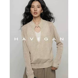 与间HAVEGAN/秋季松弛假两件长袖针织衫女含绵羊毛设计感慵懒上衣