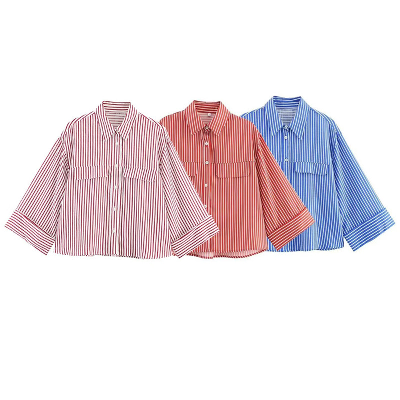 Unizera Women's Clothing 2026 Summer New Product Casual Lapel Over-The-Elbow Sleeve Blended Striped Shirt 8175509