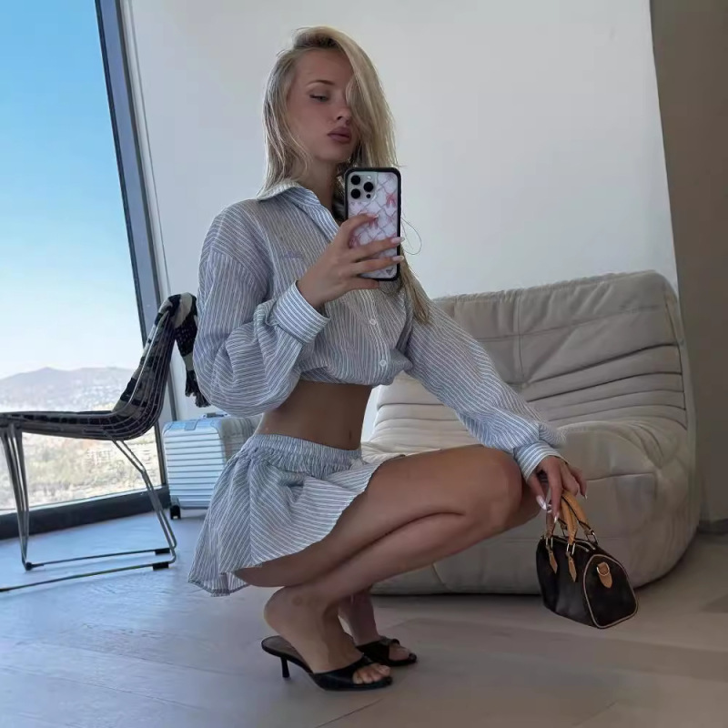 美式休闲女装条纹长袖衬衫新款简约高腰系带A型伞裙套装两件套秋|undefined