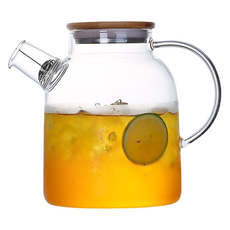 Jarra de agua fría de vidrio de borosilicato alto con tapa de acero y envoltura de bambú, botella de boca ancha para jugos y bebidas