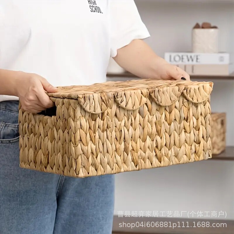 Vintage Style Woven Rattan Storage Bin with Lid Handmade Woven Multipurpose Basket with Flip Cover Closure Rectangular Wicker Box