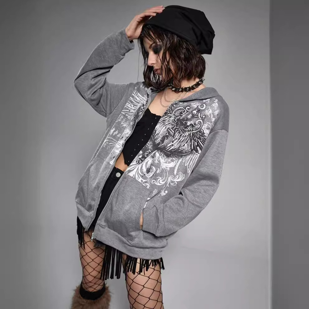 Felpa con cappuccio con cerniera, stampata con motivo animalier, comoda, casual e ampia, in stile americano_voghion.com