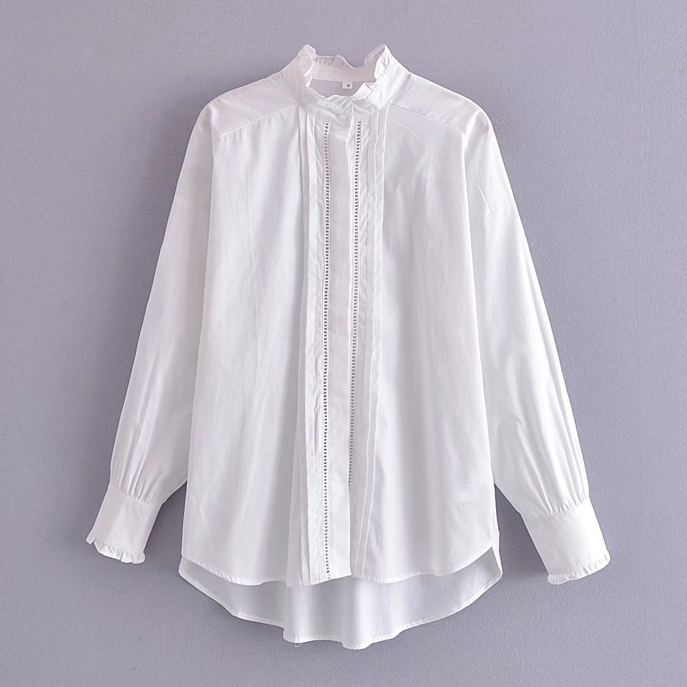 Long Sleeve Fungus Edge Hollow Solid Color Poplin Shirt NSAM115615