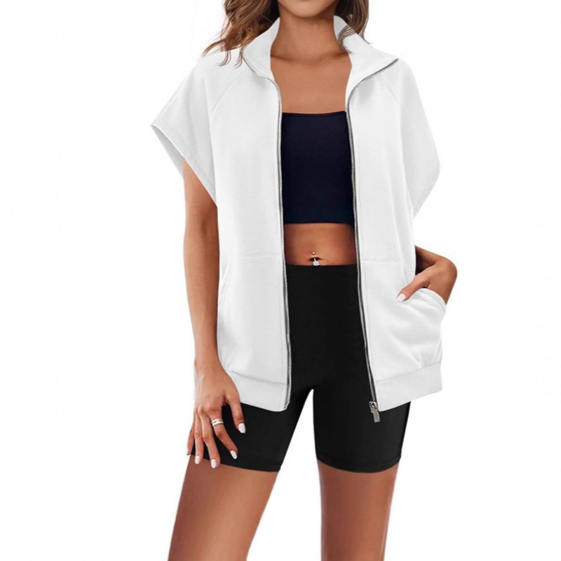 New Cross-Border Amazon Independent Station European and American Lapel Zipper Pocket Sweatshirt Sleeveless Cardigan Sweatshirt for Women