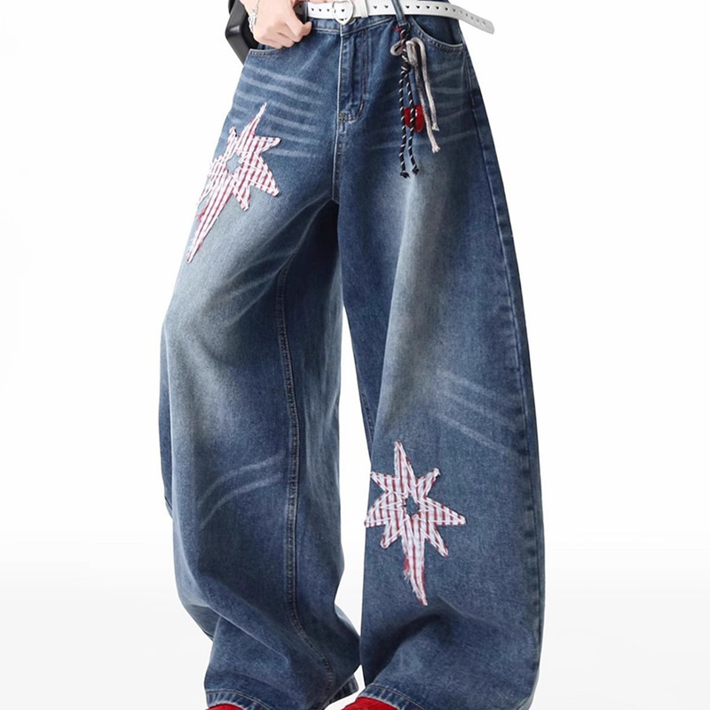 American Original Star Patch Scimitar Jeans for Women and Men 2025 Autum New Fashion Brand Loose Wide-Leg Floor-Length Pants