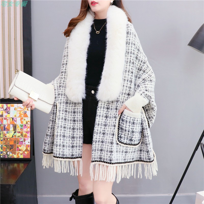 保暖小香风毛领针织披肩流苏长袖斗篷女跨境口袋加厚披巾shawl