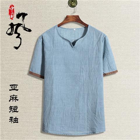 Verano con cuello en V de manga corta de los hombres de algodón transpirable y lino camiseta casual versátil media manga de los hombres retro camiseta delgada superior