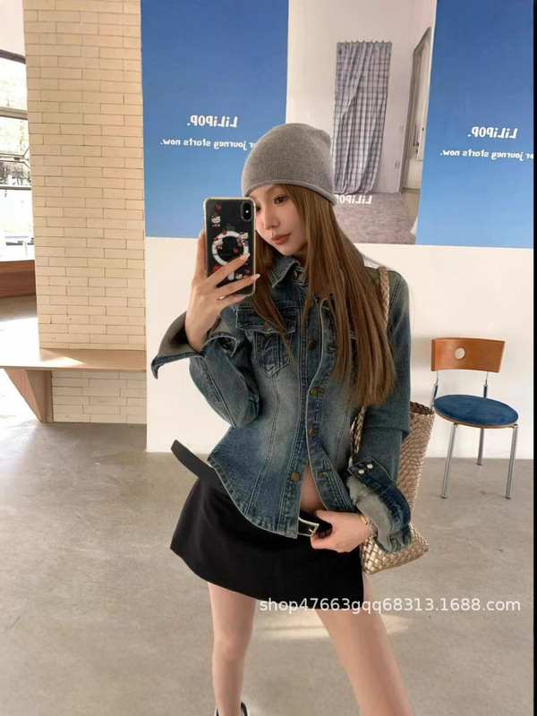 美式复古辣妹翻领蓝色牛仔外套衬衣女早秋修身气质韩版短上衣衬衫|undefined